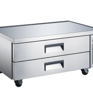 Coldline Refrigerated Chef Base, 52-3/8"W, 9.9 cu. ft. capacity, side mounted self-contained refrigeration, stainless steel top with marine edge, 730 lb. weight capacity, (2) drawers, (3) 1/1 GN capacity per drawer, pull handles, electronic controls with digital temperature display, auto defrost, 33° to 41°F temperature range, stainless steel interior & exterior, aluminum back, (4) casters (2 with brakes), R290 Hydrocarbon refrigerant, 1/6 HP, 115v/60/1-ph, 3.48 amps, cord, NEMA 5-15P, cETLus, ETL-Sanitation
