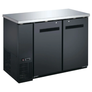 Coldline Back Bar Refrigerator, two-section, 48-4/5"W, 11.8 cu. ft. capacity, side mounted self-contained refrigeration, stainless steel top, (2) self-closing solid hinged doors (locking), (4) epoxy-coated adjustable wire shelves, 33° to 41°F temperature range, digital temperature control, automatic defrost, black exterior, stainless steel interior, R290 Hydrocarbon refrigerant, 1/5 HP, 115v/60/1-ph, 2.88 amps, cord, NEMA 5-15P, NSF, cETLus, ETL-Sanitation