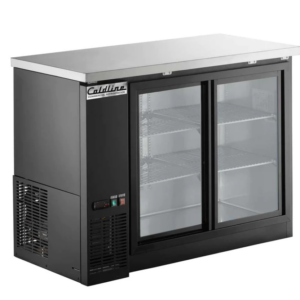 Coldline Back Bar Refrigerator, two-section, 48-4/5"W, 13.0 cu. ft. capacity, side mounted self-contained refrigeration, stainless steel top, (2) glass sliding doors, (4) epoxy-coated adjustable wire shelves, 33° to 41°F temperature range, digital temperature control, automatic defrost, black exterior, stainless steel interior, R290 Hydrocarbon refrigerant, 1/5 HP, 115v/60/1-ph, 2.88 amps, cord, NEMA 5-15P, NSF, cETLus, ETL-Sanitation