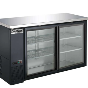 Coldline Back Bar Refrigerator, two-section, 60-4/5"W, 19.6 cu. ft. capacity, side mounted self-contained refrigeration, stainless steel top, (2) glass sliding doors, (4) epoxy-coated adjustable wire shelves, 33° to 41°F temperature range, digital temperature control, automatic defrost, black exterior, stainless steel interior, R290 Hydrocarbon refrigerant, 1/5 HP, 115v/60/1-ph, 2.88 amps, cord, NEMA 5-15P, NSF, cETLus, ETL-Sanitation