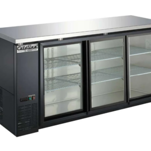 Coldline Back Bar Refrigerator, three-section, 72-4/5"W, 19.6 cu. ft. capacity, side mounted self-contained refrigeration, stainless steel top, (3) glass sliding doors, (6) epoxy-coated adjustable wire shelves, 33° to 41°F temperature range, digital temperature control, automatic defrost, black exterior, stainless steel interior, R290 Hydrocarbon refrigerant, 1/4 HP, 115v/60/1-ph, 3.96 amps, cord, NEMA 5-15P, NSF, cETLus, ETL-Sanitation