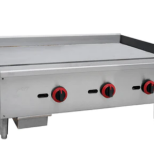 Cookline Griddle, countertop, 36"W x 19"D cooking surface, 5/8" thick polished stainless steel griddle plate, (3) steel U-shape burners, front grease trough, standby pilot, manual control knobs, stainless steel drip tray, stainless steel splash guard, includes: gas regulator, stainless steel front & sides, adjustable legs, 90,000 BTU, NSF, cETLus, ETL-Sanitation