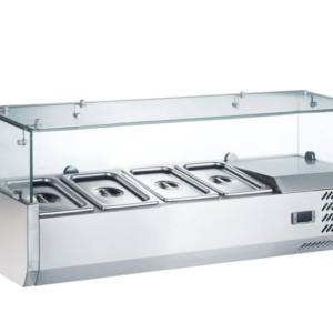 Coldline Countertop Salad Bar, Glass Topping Rail, 48" W, (4) 1/3 Size Pans capacity, side mounted self-contained mounted refrigeration, 33° to 41°F temperature range, digital temperature control, automatic defrost, stainless steel exterior, stainless steel interior, R600a Hydrocarbon refrigerant, 1/6 HP, 115v/60/1-ph, 1.6 amps, 60" cord length, NEMA 5-15P, cETLus, ETL-Sanitation