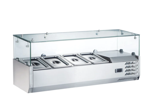 Coldline Countertop Salad Bar, Glass Topping Rail, 48" W, (4) 1/3 Size Pans capacity, side mounted self-contained mounted refrigeration, 33° to 41°F temperature range, digital temperature control, automatic defrost, stainless steel exterior, stainless steel interior, R600a Hydrocarbon refrigerant, 1/6 HP, 115v/60/1-ph, 1.6 amps, 60" cord length, NEMA 5-15P, cETLus, ETL-Sanitation