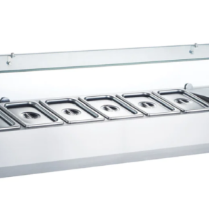 Coldline Countertop Salad Bar, Glass Topping Rail, 59" W, (6) 1/3 Size Pans capacity, side mounted self-contained mounted refrigeration, 33° to 41°F temperature range, digital temperature control, automatic defrost, stainless steel exterior, stainless steel interior, R600a Hydrocarbon refrigerant, 1/6 HP, 115v/60/1-ph, 1.6 amps, 60" cord length, NEMA 5-15P, cETLus, ETL-Sanitation