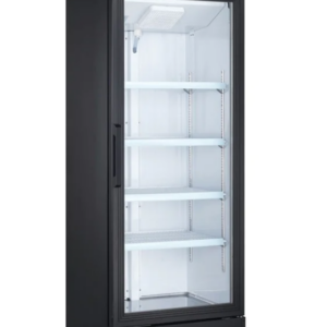 Coldline Freezer Merchandiser, one-section, 27-1/5"W, 13.0 cu. ft. capacity, bottom mounted self-contained mounted refrigeration, (1) self-closing glass hinged door with 90° stay open feature, (4) PVC coated adjustable wire shelves, -10° to 0°F temperature range, digital temperature control, automatic defrost, LED interior light, black exterior(white exterior also available), white interior with stainless steel floor, (4) casters (2 with brakes), R290 Hydrocarbon refrigerant, 3/4 HP, 115v/60/1-ph, 8.8 amps, cord, NEMA 5-15P, NSF, cETLus, ETL-Sanitation