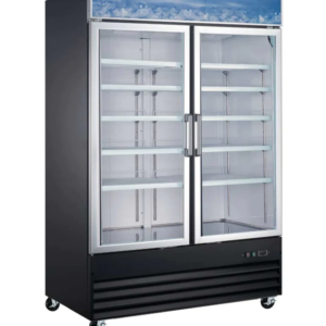 Coldline Freezer Merchandiser, two-section, 53-1/8"W, 45.0 cu. ft. capacity, bottom mounted self-contained mounted refrigeration, (2) self-closing glass hinged doors with 90° stay open feature, (8) PVC coated adjustable wire shelves, -10° to 0°F temperature range, digital temperature control, automatic defrost, LED interior light, black exterior(white exterior also available), white interior with stainless steel floor, (4) casters (2 with brakes), R290 Hydrocarbon refrigerant, 1 HP, 115v/60/1-ph, 9.2 amps, cord, NEMA 5-15P, NSF, cETLus, ETL-Sanitation