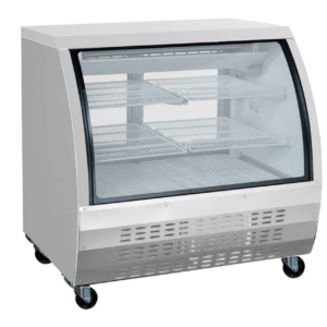 Coldline Refrigerated Deli Display Case, 47-3/10"W, 12.0 cu. ft. capacity, bottom mounted self-contained mounted refrigeration, curved front tempered glass, sliding rear doors, (2) PVC coated adjustable wire shelves, 35.6° to 46.4°F temperature range, digital temperature control, automatic defrost, LED interior lighting, black/white/stainless steel exterior with stainless steel trim, aluminum liner interior with stainless steel floor, (4) casters (2 with brakes), R290 Hydrocarbon refrigerant, 5/8 HP, 115v/60/1-ph, 2.6 amps, cord, NEMA 5-15P, cETLus, ETL-Sanitation