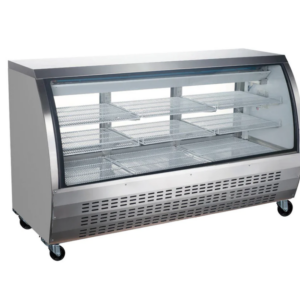 Coldline Refrigerated Deli Display Case, 64-3/10"W, 21.9 cu. ft. capacity, bottom mounted self-contained mounted refrigeration, curved front tempered glass, sliding rear doors, (9) PVC coated adjustable wire shelves, 35.6° to 46.4°F temperature range, digital temperature control, automatic defrost, LED interior lighting, black/white/stainless steel exterior, aluminum liner interior with stainless steel floor, (4) casters (2 with brakes), R290 Hydrocarbon refrigerant, 3/5 HP, 115v/60/1-ph, 7.14 amps, cord, NEMA 5-15P, cETLus, ETL-Sanitation