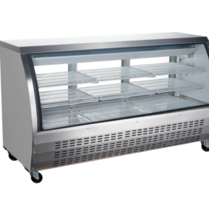 Coldline Refrigerated Deli Display Case, 78-4/5"W, 21.0 cu. ft. capacity, bottom mounted self-contained mounted refrigeration, curved front tempered glass, sliding rear doors, (9) PVC coated adjustable wire shelves, 35.6° to 46.4°F temperature range, digital temperature control, automatic defrost, LED interior lighting, black/white/stainless steel exterior with stainless steel trim, aluminum liner interior with stainless steel floor, (6) casters (3 with brakes), R290 Hydrocarbon refrigerant, 3/4 HP, 115v/60/1-ph, 5.9 amps, cord, NEMA 5-15P, cETLus, ETL-Sanitation