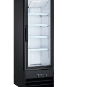 Coldline Refrigerator Merchandiser, one-section, 21-3/5"W, 9.1 cu. ft. capacity, bottom mounted self-contained mounted refrigeration, (1) self-closing glass hinged door with 90° stay open feature, (4) PVC coated adjustable wire shelves, 33° to 41°F temperature range, digital temperature control, automatic defrost, LED interior light, black exterior(white exterior also available), white interior with stainless steel floor, leveling feet, R290 Hydrocarbon refrigerant, 1/5 HP, 115v/60/1-ph, 2.88 amps, cord, NEMA 5-15P, NSF, cETLus, ETL-Sanitation