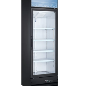 Coldline Refrigerator Merchandiser, one-section, 25-3/5"W, 14.0 cu. ft. capacity, bottom mounted self-contained mounted refrigeration, (1) self-closing glass hinged door with 90° stay open feature, (4) PVC coated adjustable wire shelves, 33° to 41°F temperature range, digital temperature control, automatic defrost, LED interior light, black exterior(white exterior also available), white interior with stainless steel floor, R290 Hydrocarbon refrigerant, 1/5 HP, 115v/60/1-ph, 2.88 amps, cord, NEMA 5-15P, cETLus, ETL-Sanitation