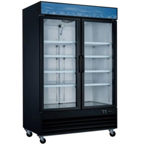 Coldline Refrigerator Merchandiser, two-section, 53-1/8"W, 45.0 cu. ft. capacity, bottom mounted self-contained mounted refrigeration, (2) self-closing glass hinged doors with 90° stay open feature, (8) PVC coated adjustable wire shelves, 33° to 41°F temperature range, digital temperature control, automatic defrost, LED interior light, black exterior(white exterior also available), white interior with stainless steel floor, (4) casters (2 with brakes), R290 Hydrocarbon refrigerant, 1/4 HP, 115v/60/1-ph, 4.3 amps, cord, NEMA 5-15P, NSF, cETLus, ETL-Sanitation