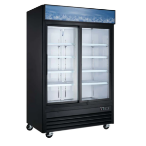 Coldline Refrigerator Merchandiser, two-section, 53-1/8"W, 45.0 cu. ft. capacity, bottom mounted self-contained mounted refrigeration, (2) double pane self-closing glass sliding doors, (8) PVC coated adjustable wire shelves, 33° to 41°F temperature range, digital temperature control, automatic defrost, LED interior light, black exterior(white exterior also available), white interior with stainless steel floor, (4) casters (2 with brakes), R290 Hydrocarbon refrigerant, 1/4 HP, 115v/60/1-ph, 4.3 amps, cord, NEMA 5-15P, NSF, cETLus, ETL-Sanitation