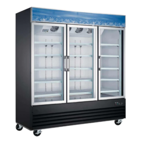 Coldline Refrigerator Merchandiser, three-section, 78-5/16"W, 70.0 cu. ft. capacity, bottom mounted self-contained mounted refrigeration, (2) self-closing glass hinged doors with 90° stay open feature, (12) PVC coated adjustable wire shelves, 33° to 41°F temperature range, digital temperature control, automatic defrost, LED interior light, black exterior(white exterior also available), white interior with stainless steel floor, (4) casters (2 with brakes), R290 Hydrocarbon refrigerant, 3/4 HP, 115v/60/1-ph, 16.3 amps, cord, NEMA 5-20P, NSF, cETLus, ETL-Sanitation