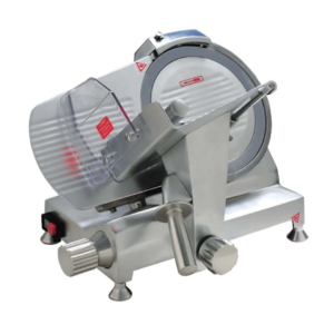 Prepline Semi-Automatic Electric Meat Slicer, 10"W blade, built-in sharpener, perspex proctector guard, waterproof and emergency shut-off switch, robust handle, anodized aluminum exterior, stainless steel blade, 45-degree feed tray, adjustable slice thickness, 250 RPM, 120v/60/1-ph, NEMA 5-15P, cETLus, ETL-Sanitation