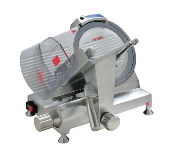 Prepline Semi-Automatic Electric Meat Slicer, 10"W blade, built-in sharpener, perspex proctector guard, waterproof and emergency shut-off switch, robust handle, anodized aluminum exterior, stainless steel blade, 45-degree feed tray, adjustable slice thickness, 250 RPM, 120v/60/1-ph, NEMA 5-15P, cETLus, ETL-Sanitation