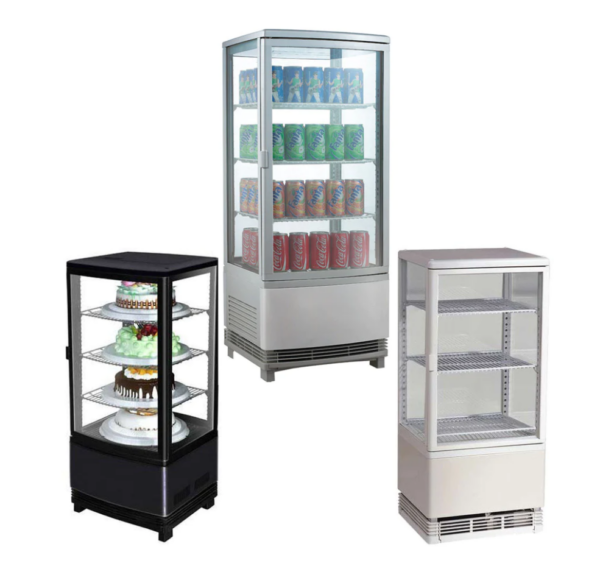 Marchia Rotating Refrigerated Display Case, countertop, 17-11/16"W, 2.5 cu. ft. capacity, bottom mounted self-contained mounted refrigeration, hinged rear door, (3) chrome-plated shelves, 37° to 53°F temperature range, digital temperature control, automatic defrost, LED interior lighting, stainless steel exterior, R134a refrigerant, 190 watts, 110v/60/1-ph, 1.2 amps, cord, NEMA 5-15P, cETLus, ETL-Sanitation
