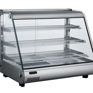 Marchia Heated Stainless Steel Countertop Display Case, 26.7"W, 4.6 cu. ft. capacity, sliding rear doors, front slanted glass, (3) chrome plated adjustable wire shelves, 86° to 194°F temperature range, digital temperature control, LED interior light, stainless steel interior & exterior, 115v/60/1-ph, 9.6 amps, cord, NEMA 5-15P