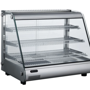 Marchia Heated Stainless Steel Countertop Display Case, 33.7"W, 5.7 cu. ft. capacity, sliding rear doors, front slanted glass, (3) chrome plated adjustable wire shelves, 86° to 194°F temperature range, digital temperature control, LED interior light, stainless steel interior & exterior, 115v/60/1-ph, 13.1 amps, cord, 1530 wattage, NEMA 5-15P