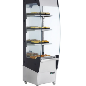 Marchia Open Heated Display Warming Case, grab and go, 19.4" W, 7.8 cu. ft. capacity, night curtain included, (3) adjustable chrome plated shelf, 86° to 194°F temperature range, digital temperature control, stainless steel exterior, LED light each layer, (4) casters (2 with brakes), 220v/60/1-ph, 1650 aattage, cord, NEMA 6-20P