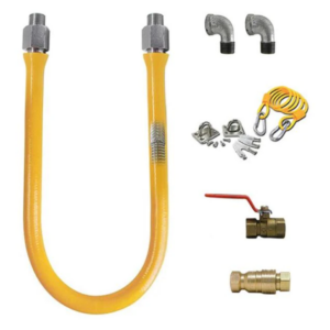 Prepline Easyflex Gas Hose Connector Kit, 60" length, 3/4" diameter connection, S/S braided, PVC-coated, 360° rotational end, include: (1)hose, (1)quick disconnect, (2)elbow, (1)restraining cable, (1)full port valve, NSF, cCSAus Approved