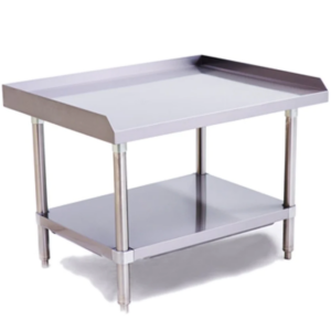 Prepline Equipment Stand, 36" length, 30" depth, stainless steel structure, 18GA.430S/S top, galvanized undershelf, plastic bullet feet, top reinforced with hat channel frame, knock-down design, 3 side backsplash, carton box packing, NSF certified
