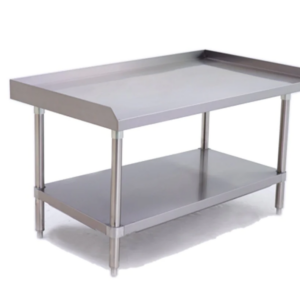 Prepline Equipment Stand, 72" length, 30" depth, stainless steel structure, 18GA.430S/S top, galvanized undershelf, plastic bullet feet, top reinforced with hat channel frame, knock-down design, 3 side backsplash, carton box packing, NSF certified