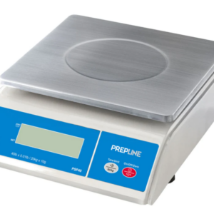 Prepline Digital Portion Control Scale, 40 lb.capacity, 4xAA batteries/ 9V AC adapter power, Up to 100%FS tare range, one-step successive tare feature, adjustable feet, removable stainless steel platter, LCD with backlit display, 0.02oz/0.01kg increments, ABS body material, NSF