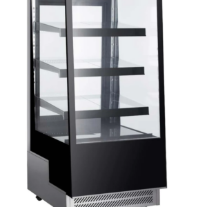 Marchia Refrigerated Bakery Display Case, 25-3/5"W, 12.4 cu. ft. capacity, bottom mounted self-contained mounted refrigeration, slanted front tempered glass, sliding rear doors, (3) adjustable glass shelves, 36.6° to 47.4°F temperature range, digital temperature control, automatic defrost, LED interior lighting, stainless steel base, (4) casters (2 with brakes), R290 Hydrocarbon refrigerant, 480 watts, 110-120v/60/1-ph, 3.3 amps, cord, NEMA 5-15P, NSF, cETLus, ETL-Sanitation, UL, CSA