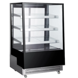Marchia Refrigerated Bakery Display Case, 35-2/5"W, 17.7 cu. ft. capacity, bottom mounted self-contained mounted refrigeration, slanted front tempered glass, sliding rear doors, (3) adjustable glass shelves, 36.6° to 47.4°F temperature range, digital temperature control, automatic defrost, LED interior lighting, stainless steel base, (4) casters (2 with brakes), R290 Hydrocarbon refrigerant, 490 watts, 110-120v/60/1-ph, 3.7 amps, cord, NEMA 5-15P, NSF, cETLus, ETL-Sanitation, UL, CSA