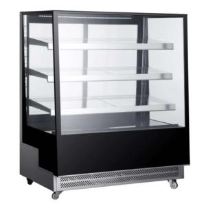 Marchia Refrigerated Bakery Display Case, 47-1/5"W, 23.0 cu. ft. capacity, bottom mounted self-contained mounted refrigeration, slanted front tempered glass, sliding rear doors, (3) adjustable glass shelves, 36.6° to 47.4°F temperature range, digital temperature control, automatic defrost, LED interior lighting, stainless steel base, (4) casters (2 with brakes), R290 Hydrocarbon refrigerant, 490 watts, 110-120v/60/1-ph, 4.0 amps, cord, NEMA 5-15P, NSF, cETLus, ETL-Sanitation, UL, CSA