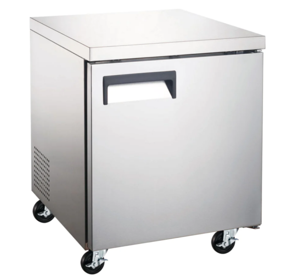 Coldline Undercounter Refrigerator, one-section, 27"W, 6.3 cu. ft. capacity, rear mounted self-contained refrigeration, stainless steel worktop, (1) self-closing solid hinged locking door with 90° stay open feature, (1) PVC coated adjustable wire shelf, 33° to 41°F temperature range, digital temperature control, automatic defrost, LED interior light, stainless steel exterior, stainless steel interior, (4) casters (2 with brakes), R290 Hydrocarbon refrigerant, 1/6 HP, 115v/60/1-ph, 1.9 amps, cord, NEMA 5-15P, NSF, cETLus, ETL-Sanitation