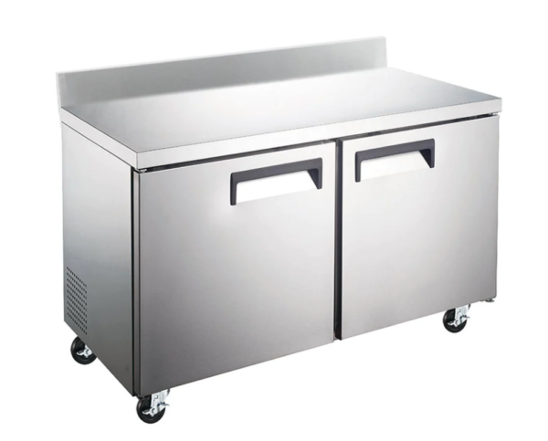 Coldline Undercounter Freezer, two-section, 35"W, 8.5 cu. ft. capacity, rear mounted self-contained refrigeration, stainless steel worktop, (2) self-closing solid hinged locking doors with 90° stay open feature, (2) PVC coated adjustable wire shelves, -8° to 0°F temperature range, digital temperature control, automatic defrost, LED interior light, stainless steel exterior, stainless steel interior, (4) casters (2 with brakes), R290 Hydrocarbon refrigerant, 1/4 HP, 115v/60/1-ph, 2.8 amps, cord, NEMA 5-15P, NSF, cETLus, ETL-Sanitation