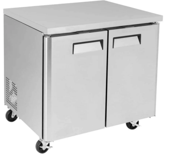 Coldline Undercounter Refrigerator, two-section, 35"W, 8.5 cu. ft. capacity, rear mounted self-contained refrigeration, stainless steel worktop, (2) self-closing solid hinged locking doors with 90° stay open feature, (2) PVC coated adjustable wire shelves, 33° to 41°F temperature range, digital temperature control, automatic defrost, LED interior light, stainless steel exterior, stainless steel interior, (4) casters (2 with brakes), R290 Hydrocarbon refrigerant, 1/6 HP, 115v/60/1-ph, 2.3 amps, cord, NEMA 5-15P, NSF, cETLus, ETL-Sanitation