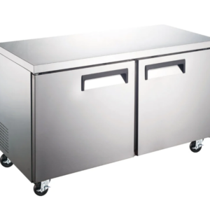 Coldline Undercounter Freezer, two-section, 47-1/5"W, 12.0 cu. ft. capacity, rear mounted self-contained refrigeration, stainless steel worktop, (2) self-closing solid hinged locking doors with 90° stay open feature, (2) PVC coated adjustable wire shelves, -8° to 0°F temperature range, digital temperature control, automatic defrost, LED interior light, stainless steel exterior, stainless steel interior, (4) casters (2 with brakes), R290 Hydrocarbon refrigerant, 1/4 HP, 115v/60/1-ph, 4.5 amps, cord, NEMA 5-15P, NSF, cETLus, ETL-Sanitation
