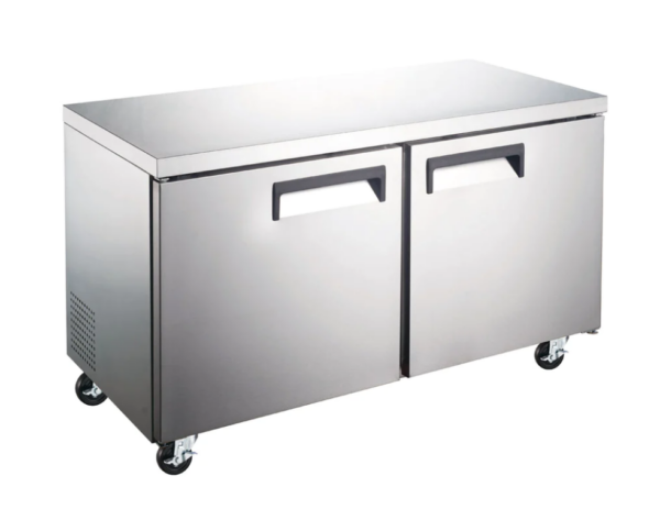 Coldline Undercounter Freezer, two-section, 47-1/5"W, 12.0 cu. ft. capacity, rear mounted self-contained refrigeration, stainless steel worktop, (2) self-closing solid hinged locking doors with 90° stay open feature, (2) PVC coated adjustable wire shelves, -8° to 0°F temperature range, digital temperature control, automatic defrost, LED interior light, stainless steel exterior, stainless steel interior, (4) casters (2 with brakes), R290 Hydrocarbon refrigerant, 1/4 HP, 115v/60/1-ph, 4.5 amps, cord, NEMA 5-15P, NSF, cETLus, ETL-Sanitation