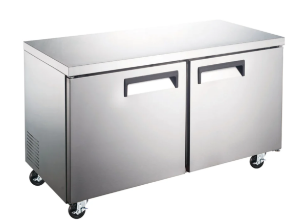 Coldline Undercounter Refrigerator, two-section, 47-1/5"W, 12.0 cu. ft. capacity, rear mounted self-contained refrigeration, stainless steel worktop, (2) self-closing solid hinged locking doors with 90° stay open feature, (2) PVC coated adjustable wire shelves, 33° to 41°F temperature range, digital temperature control, automatic defrost, LED interior light, stainless steel exterior, stainless steel interior, (4) casters (2 with brakes), R290 Hydrocarbon refrigerant, 1/5 HP, 115v/60/1-ph, 2.7 amps, cord, NEMA 5-15P, NSF, cETLus, ETL-Sanitation