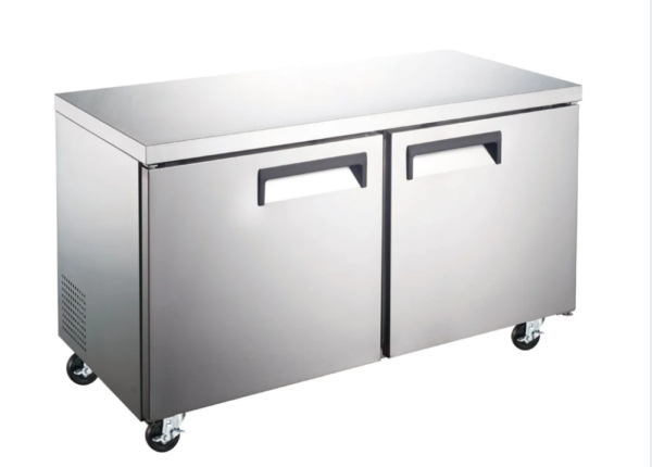 Coldline Undercounter Refrigerator, two-section, 60-1/5"W, 15.0 cu. ft. capacity, rear mounted self-contained refrigeration, stainless steel worktop, (2) self-closing solid hinged locking doors with 90° stay open feature, (2) PVC coated adjustable wire shelves, 33° to 41°F temperature range, digital temperature control, automatic defrost, LED interior light, stainless steel exterior, stainless steel interior, (4) casters (2 with brakes), R290 Hydrocarbon refrigerant, 1/5 HP, 115v/60/1-ph, 2.9 amps, cord, NEMA 5-15P, NSF, cETLus, ETL-Sanitation