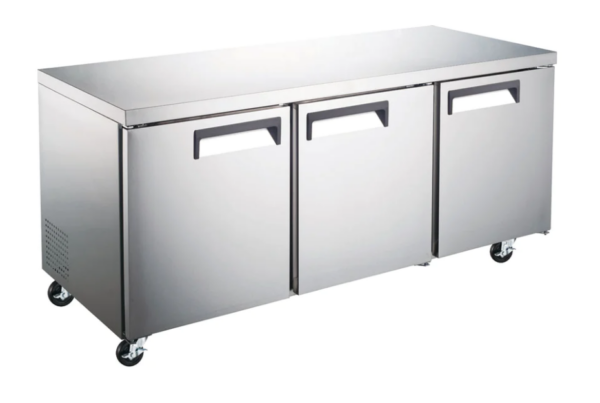 Coldline Undercounter Refrigerator, three-section, 72"W, 15.5 cu. ft. capacity, rear mounted self-contained refrigeration, stainless steel worktop, (3) self-closing solid hinged locking doors with 90° stay open feature, (3) PVC coated adjustable wire shelves, 33° to 41°F temperature range, digital temperature control, automatic defrost, LED interior light, stainless steel exterior, stainless steel interior, (4) casters (2 with brakes), R290 Hydrocarbon refrigerant, 1/5 HP, 115v/60/1-ph, 3.2 amps, cord, NEMA 5-15P, NSF, cETLus, ETL-Sanitation