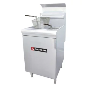 Cookline Fryer, natural gas(LP gas also available), 21-1/10"W, free standing, 75 lb. oil capacity, (5) 34,000 BTU burners, millivolt thermostatic controls, standing pilot, 200° to 400°F temperature range, drain valve, includes: (2) baskets, stainless steel front & sides, (4) adjustable legs, 170,000 BTU, NSF, cETLus, ETL-Sanitation