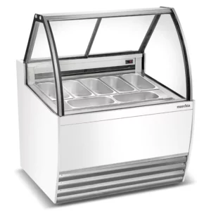 Coldline Ice Cream Dipping Cabinet, 47"W, bottom mounted self-contained refrigeration, (8) 3 gallon tub holder capacity, (4) 3 gallon tub storage capacity, (2) standard ABS night covers, (2) stainless steel shelves, electronic controls with digital temperature display, auto defrost, -15° to -8°F temperature range, white-coated steel interior & exterior, LED interior light, aluminum back, R290 Hydrocarbon refrigerant, 1/2 HP, 115v/60/1-ph, 5.16 amps, cord, NEMA 5-15P, cETLus, ETL-Sanitation