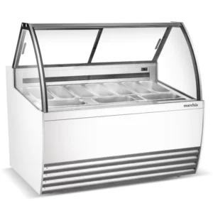 Coldline Ice Cream Dipping Cabinet, 68"W, bottom mounted self-contained refrigeration, (12) 3 gallon tub holder capacity, (8) 3 gallon tub storage capacity, (2) standard ABS night covers, (3) stainless steel shelves, electronic controls with digital temperature display, auto defrost, -15° to -8°F temperature range, white-coated steel interior & exterior, LED interior light, aluminum back, R290 Hydrocarbon refrigerant, 1/2 HP, 115v/60/1-ph, 5.64 amps, cord, NEMA 5-15P, cETLus, ETL-Sanitation