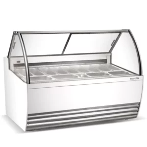 Coldline Ice Cream Dipping Cabinet, 88"W, bottom mounted self-contained refrigeration, (16) 3 gallon tub holder capacity, (12) 3 gallon tub storage capacity, (2) standard ABS night covers, (3) stainless steel shelves, electronic controls with digital temperature display, auto defrost, -15° to -8°F temperature range, white-coated steel interior & exterior, LED interior light, aluminum back, R290 Hydrocarbon refrigerant, 1/2 HP, 115v/60/1-ph, 5.64 amps, cord, NEMA 5-15P, cETLus, ETL-Sanitation