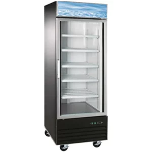 Coldline Refrigerator Merchandiser, one-section, 28-1/2"W, 23.0 cu. ft. capacity, bottom mounted self-contained mounted refrigeration, (1) self-closing glass hinged door with 90° stay open feature, (4) PVC coated adjustable wire shelves, 33° to 41°F temperature range, digital temperature control, automatic defrost, LED interior light, black exterior(white exterior also available), white interior with stainless steel floor, (4) casters (2 with brakes), R290 Hydrocarbon refrigerant, 1/5 HP, 115v/60/1-ph, 3.0 amps, cord, NEMA 5-15P, cETLus, ETL-Sanitation