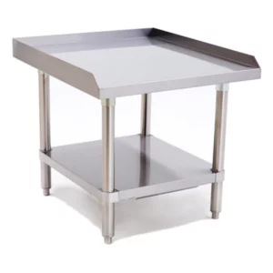 Prepline Equipment Stand, 24" length, 30" depth, stainless steel structure, 18GA.430S/S top, galvanized undershelf, plastic bullet feet, top reinforced with hat channel frame, knock-down design, 3 side backsplash, carton box packing, NSF certified