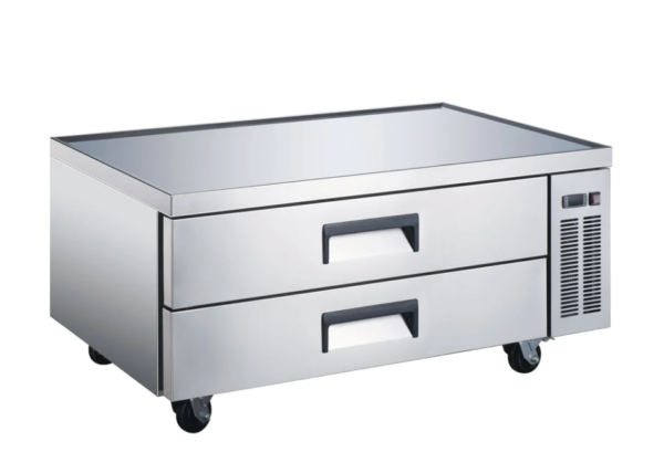 Coldline Refrigerated Chef Base, 52-3/8"W, 9.9 cu. ft. capacity, side mounted self-contained refrigeration, stainless steel top with marine edge, 730 lb. weight capacity, (2) drawers, (3) 1/1 GN capacity per drawer, pull handles, electronic controls with digital temperature display, auto defrost, 33° to 41°F temperature range, stainless steel interior & exterior, aluminum back, (4) casters (2 with brakes), R290 Hydrocarbon refrigerant, 1/6 HP, 115v/60/1-ph, 3.48 amps, cord, NEMA 5-15P, cETLus, ETL-Sanitation