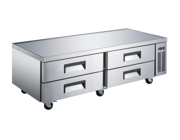 Coldline Refrigerated Chef Base, 72-3/8"W, 16.0 cu. ft. capacity, side mounted self-contained refrigeration, stainless steel top with marine edge, 1,100 lb. weight capacity, (4) drawers, (2) 1/1 GN capacity per drawer, pull handles, electronic controls with digital temperature display, auto defrost, 33° to 41°F temperature range, stainless steel interior & exterior, aluminum back, (6) casters (3 with brakes), R290 Hydrocarbon refrigerant, 1/5 HP, 115v/60/1-ph, 4.68 amps, cord, NEMA 5-15P, cETLus, ETL-Sanitation