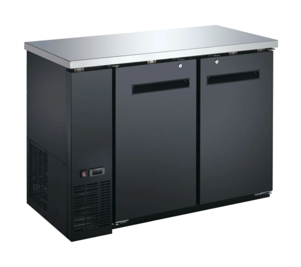 Coldline Back Bar Refrigerator, two-section, 48-4/5"W, 11.8 cu. ft. capacity, side mounted self-contained refrigeration, stainless steel top, (2) self-closing solid hinged doors (locking), (4) epoxy-coated adjustable wire shelves, 33° to 41°F temperature range, digital temperature control, automatic defrost, black exterior, stainless steel interior, R290 Hydrocarbon refrigerant, 1/5 HP, 115v/60/1-ph, 2.88 amps, cord, NEMA 5-15P, NSF, cETLus, ETL-Sanitation