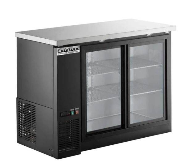 Coldline Back Bar Refrigerator, two-section, 48-4/5"W, 13.0 cu. ft. capacity, side mounted self-contained refrigeration, stainless steel top, (2) glass sliding doors, (4) epoxy-coated adjustable wire shelves, 33° to 41°F temperature range, digital temperature control, automatic defrost, black exterior, stainless steel interior, R290 Hydrocarbon refrigerant, 1/5 HP, 115v/60/1-ph, 2.88 amps, cord, NEMA 5-15P, NSF, cETLus, ETL-Sanitation